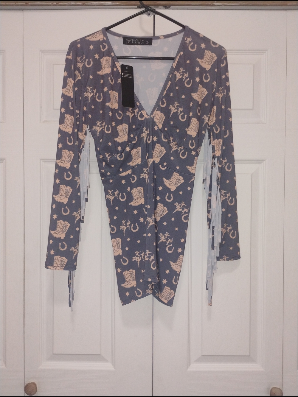 Lucky & Blessed Dusty Blue Western Print Romper - Picture 2 of 4